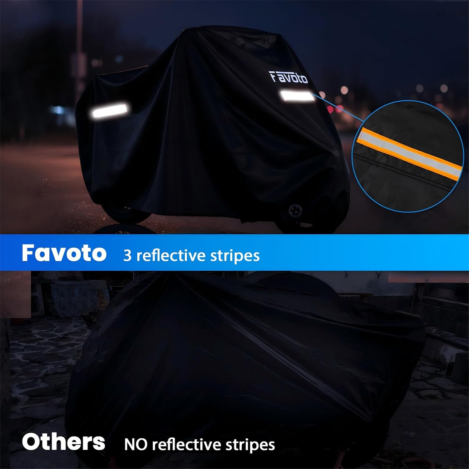Favoto Motorcycle Cover Waterproof All Season Sun Outdoor Protection Windproof Night Reflective with Lock-Holes Storage Bag Universal Fits up to 116" Motorcycles Vehicle Motorbike Cover