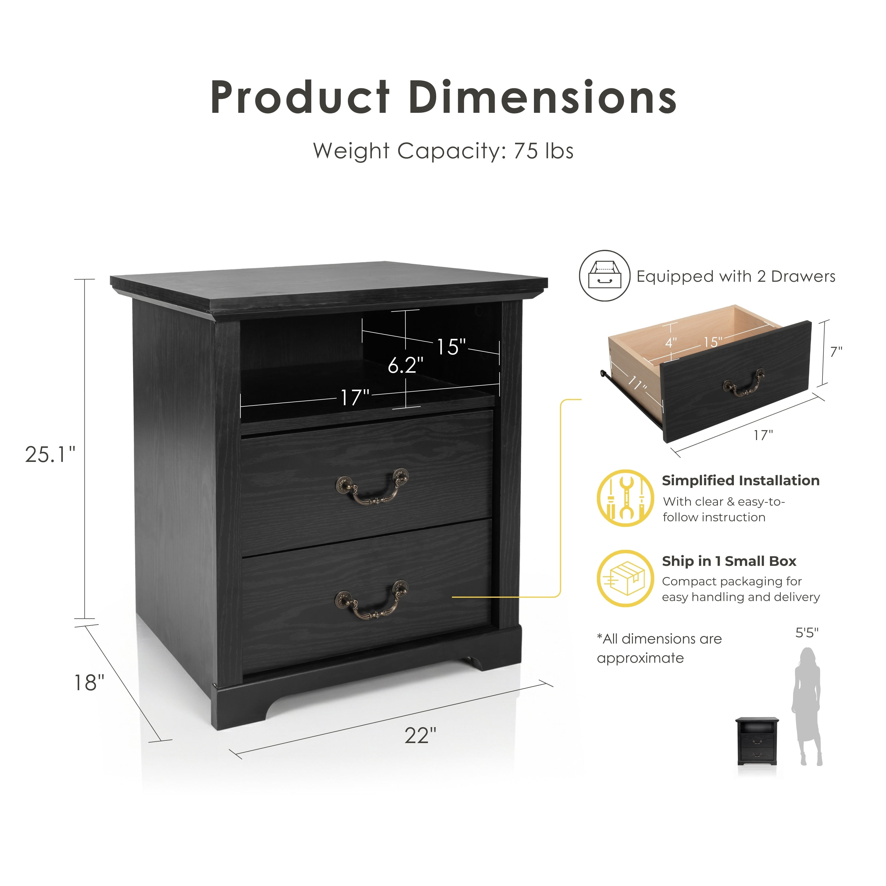 Furniture of America Chara Modern Wood 2-Drawer Kids Nightstand with Open Top Shelf, Black