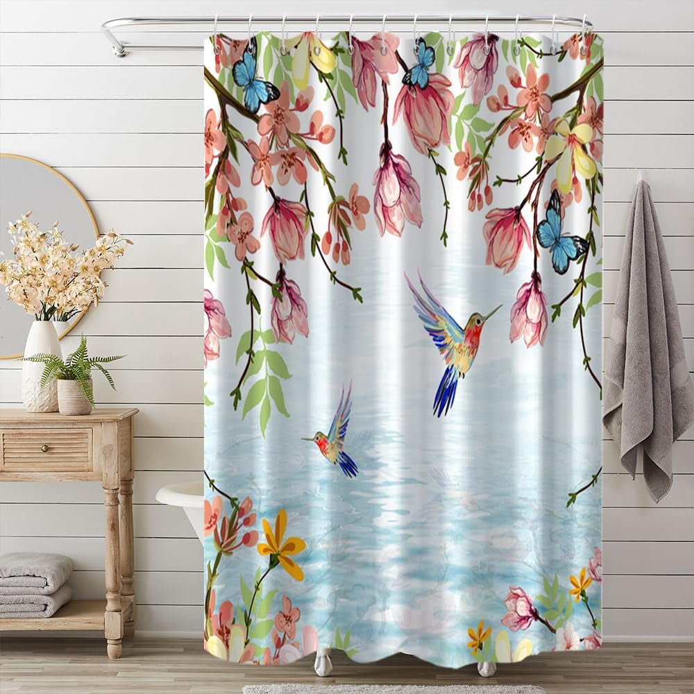 Spring Floral Shower Curtain, Colorful Humingbird Shower Curtain for Bathroom Pink Flower with Butterfly Fabric Shower Curtain Set with Hooks, 72x72 Inch
