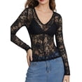 thumbnail image 3 of Mesh Tops for Women Sheer Long Sleeve Tops V Neck Lace Blouses Under Shirts Floral Lace Tee Shirt Black XXL, 3 of 9