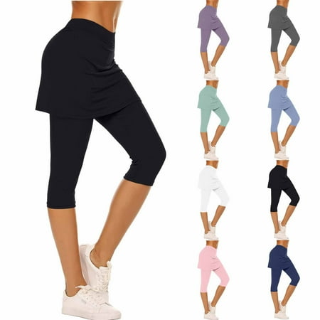 Feancey Capri Skirted Leggings for Women Fashion Tennis Skorts High Waisted Yoga Capri Pants with Skirts Athletic Workout Leggings Running Skorts Black S