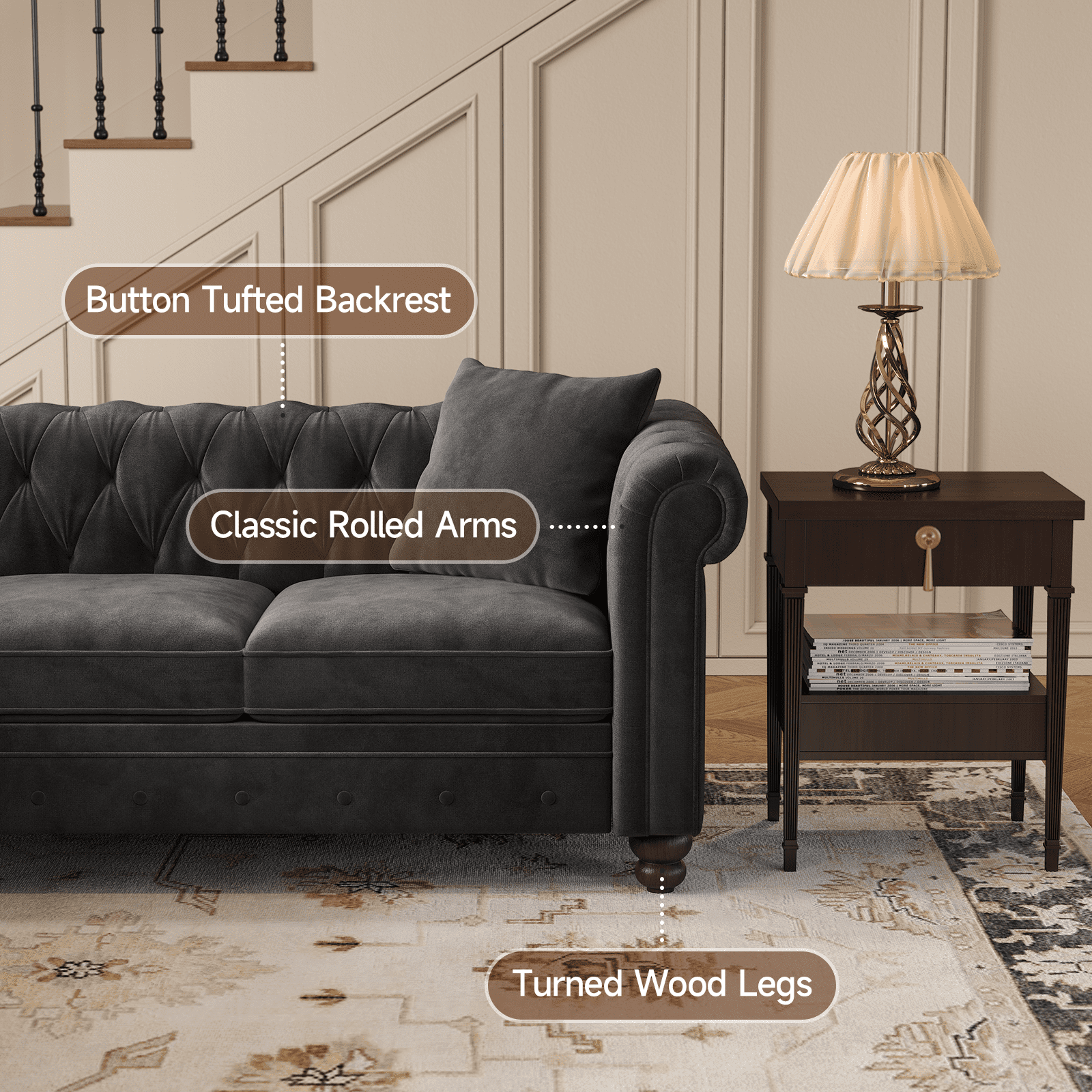 L Shaped Corner Couch for Living Room, Tufted Sectional with 3 Throw Pillows, Velvet Fabric, Black