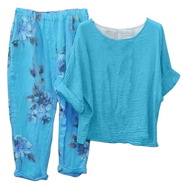Conjunto de tops y pantalones de manga larga con cuello redondo y estampado para mujer Wmkox8yi bvn2729