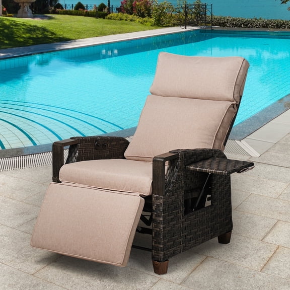 GRANDPATIO Wicker Outdoor Recliner with Independent Backrest & Footrest Adjustment, Air Pump 150° Lay-Flat Lounge Chair, Removable Olefin Cushion & Flip-Up Side Table,Beige,1PC