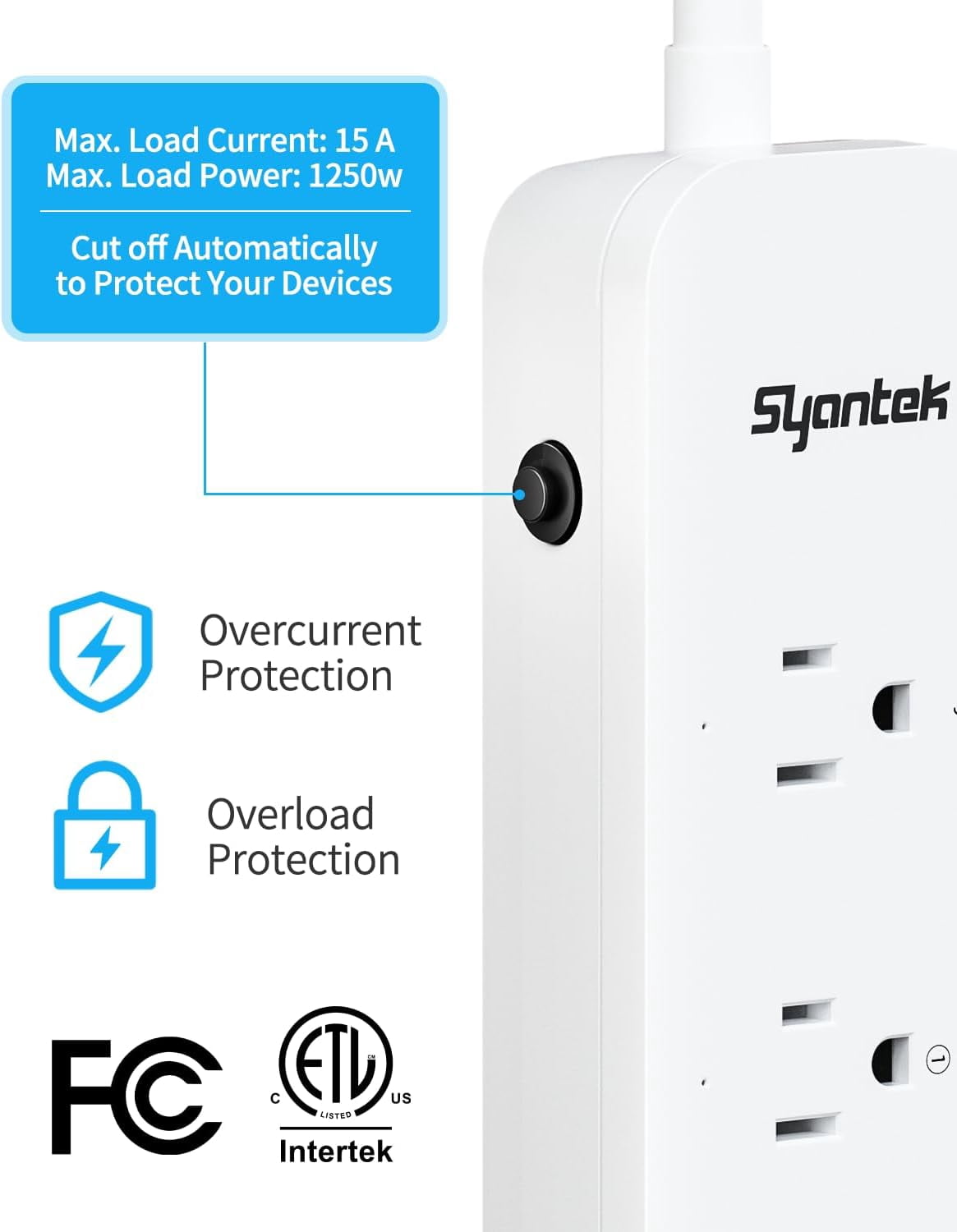 Syantek Remote Control Power Strip with 3 RF Outlets, 3 USB Ports, 5ft Cord, 15A/1875W Surge Protector for Household Appliances