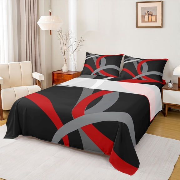 Homewish Modern Geometric Stripe Twin Sheet Sets.Abstract Waves Lines Twin Fitted Sheet,Black Red Gray Flat Sheet For Boys Kids,Microfiber Bedroom Decor,3-Piece