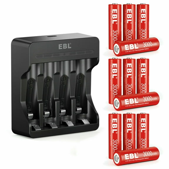EBL Lithium-Ion Rechargeable AA Batteries (12 Pack)   4 Slots Battery Charger