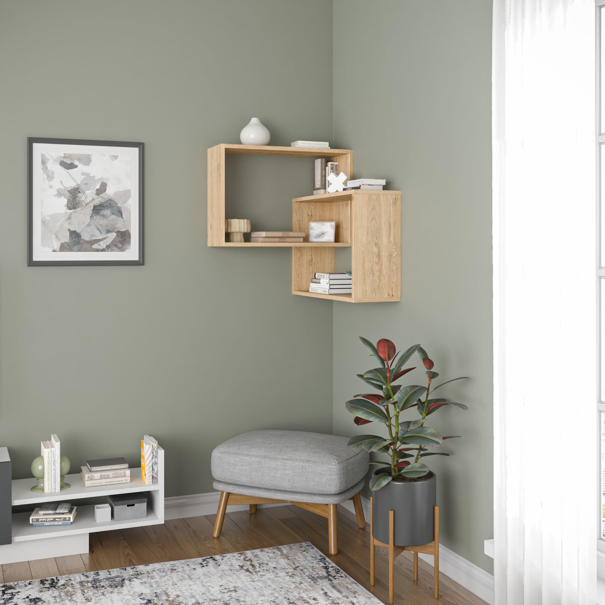 Ada Home Decor Furniture 23.5" 3 Tier Oak Warner Modern Wall Shelf