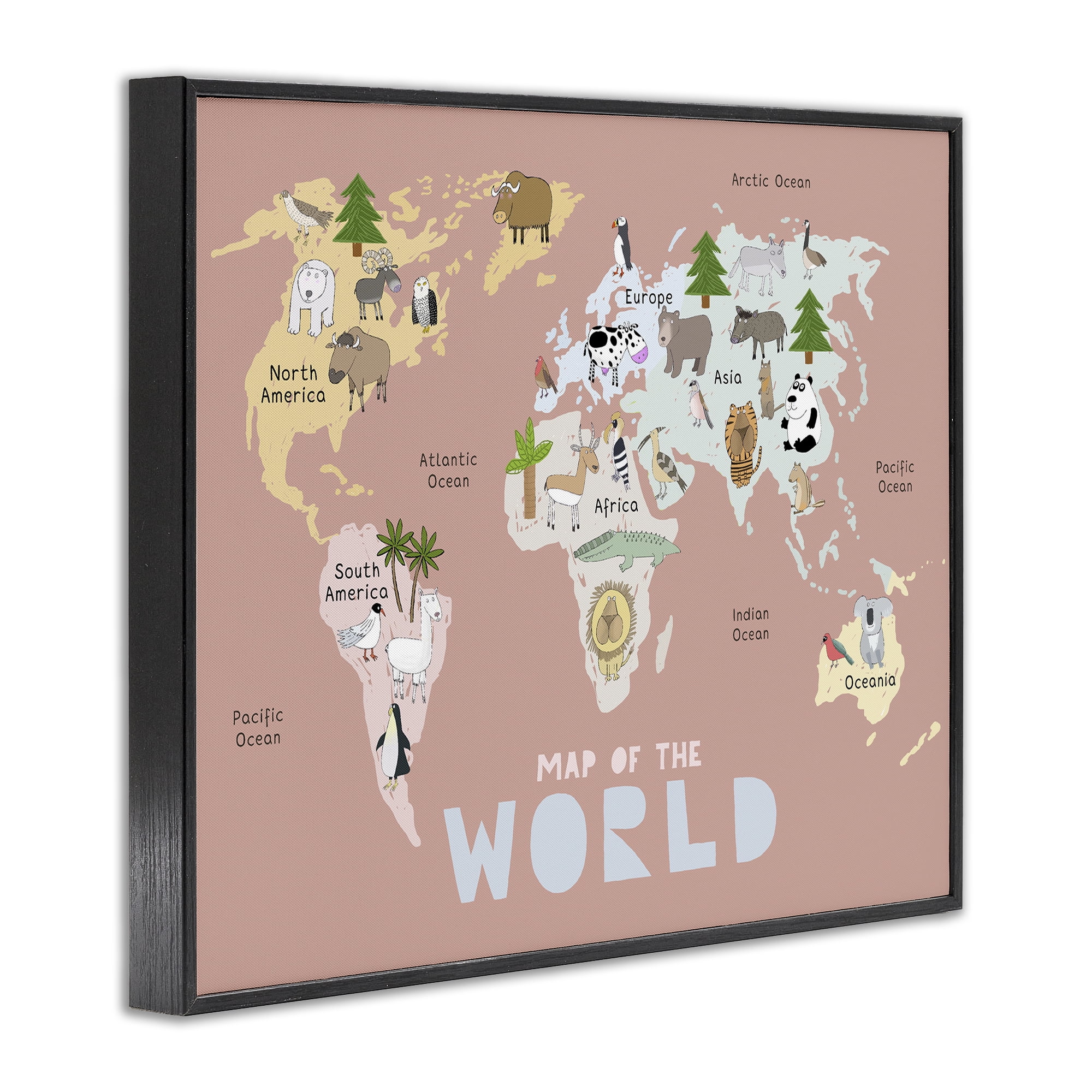 Kid's Map Of World Pink Black Framed Giclee Art, design by Carla Daly