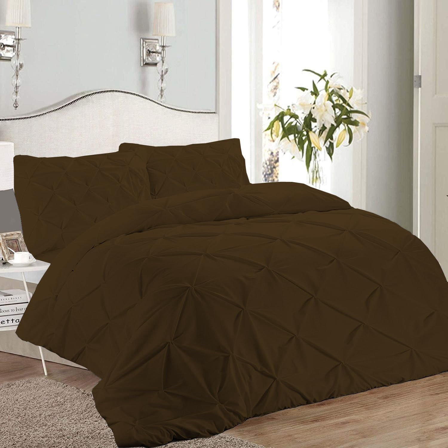 1 Piece Pinch Pleated Duvet Cover 100% Cotton 1000 TC with Zipper Closure & Corner Ties Pintuck Bedding Duvet Cover - Super King Size (116" x 98") Inch, Chocolate Solid