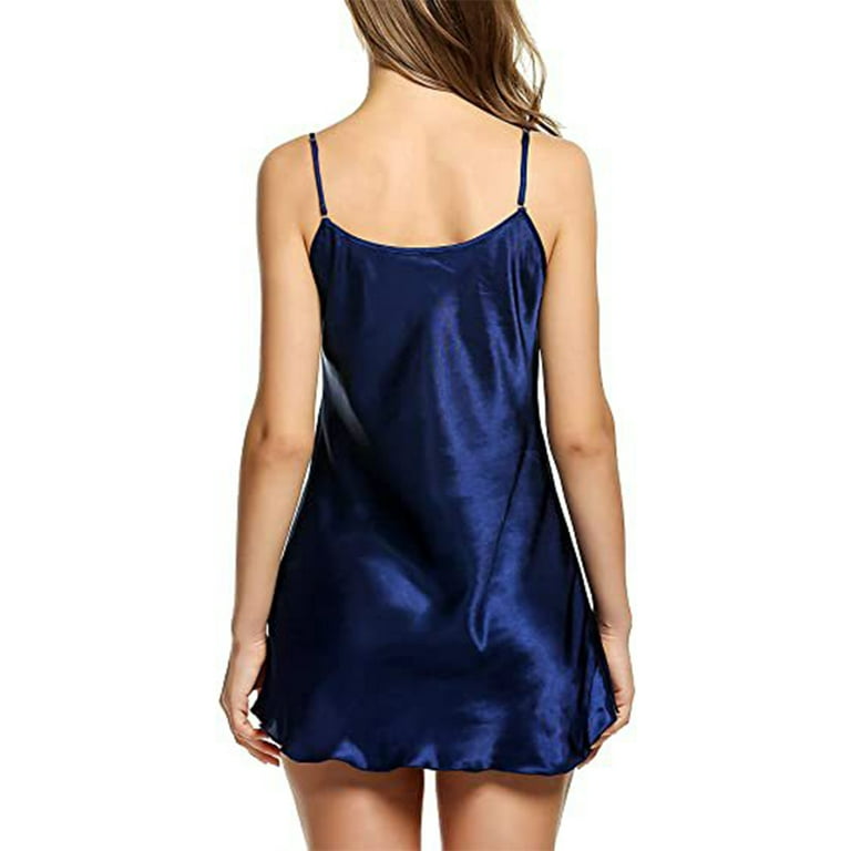 Frontwalk Ladies Chemise V Neck Sleepwear Spaghetti Straps Sleep Dress  Party Sexy Nightgowns Sleeveless Nightwear Navy Blue S 