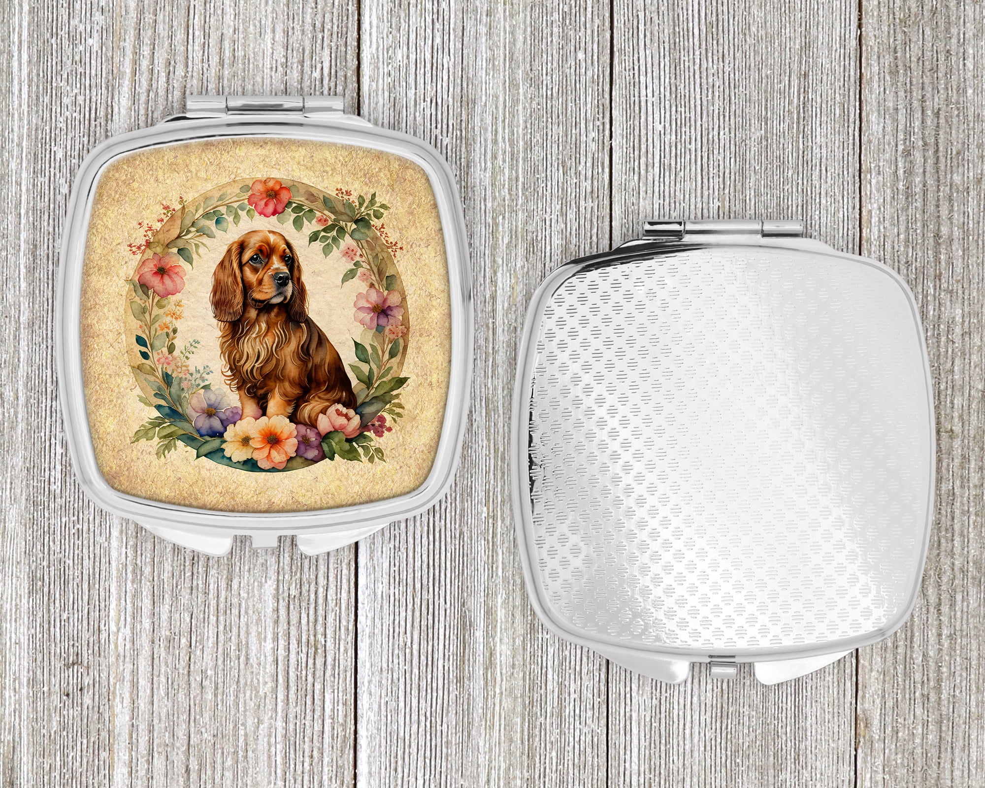Sussex Spaniel and Flowers Compact Mirror 2.75 in x 3 in