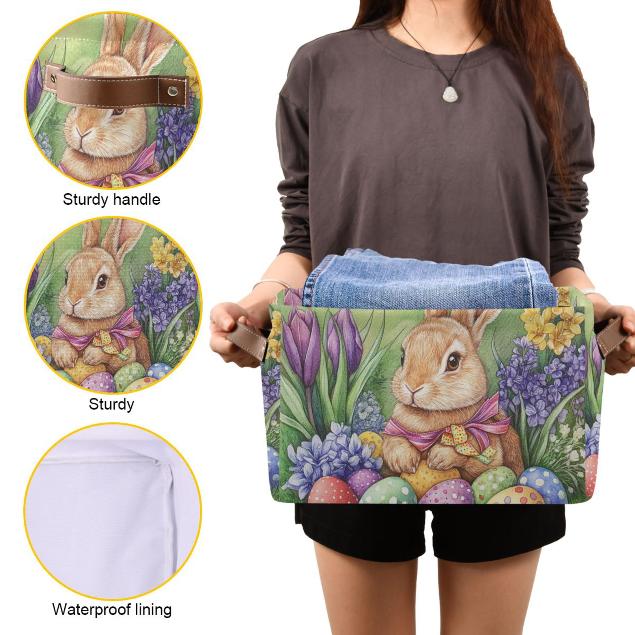 WOBOGO Easter Orange Bunny Square Storage Basket with Waterproof Canvas and PE Lining Durable PU Leather Handles 14.2×10.2×8.3in