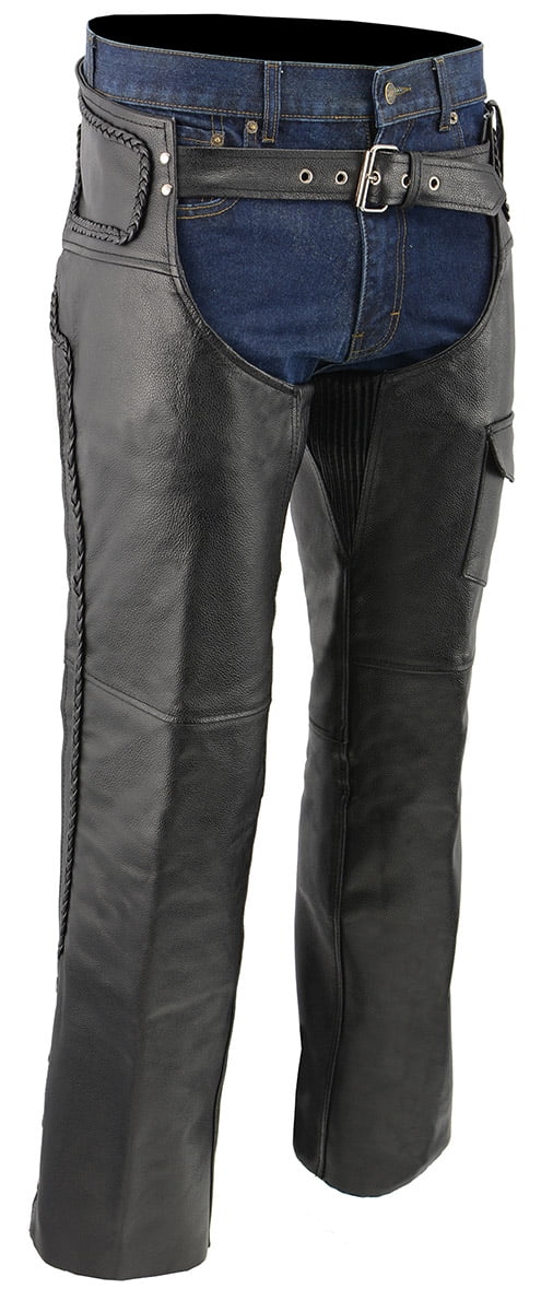 M-BOSS MOTORCYCLE APPAREL-BOS15504-BLACK-Men’s leather chaps zip-out insulated and lined plain biker motorcycle chaps.-BLACK-X-SMALL 