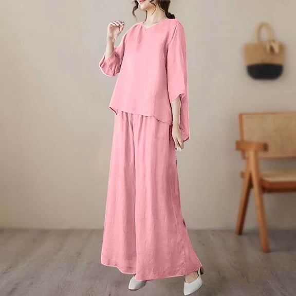 BILIKEYU Two Breathable Cotton And Linen Tops And Leg Pants Set, Womens Linen Set, Loungewear Sets Woman, Womens Pajamas Set