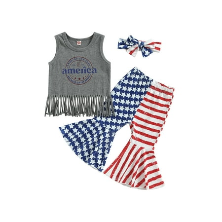 

4th of July Baby Girl Clothes Toddler Bell Bottom Outfit Letters Tassel Tank Tops American Flag Independence Day Flare Pants Set