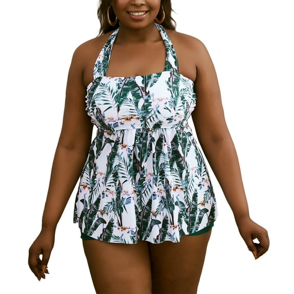 Xunyu Women Tankini Bathing Suits Plus Size High Waisted Two Piece Swimsuits Halter Top with Boyshorts