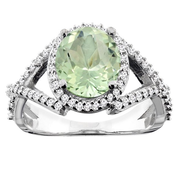 10K White Gold Genuine Green Amethyst Ring Oval 9x7mm Diamond Accent size 9
