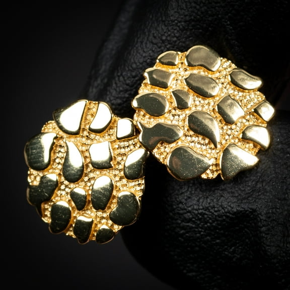 Men's Round Large 14K Gold Plated 925 Sterling Hip Hop Nugget Stud Earrings