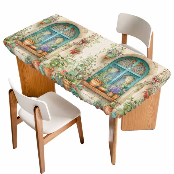 Country Flowers Table Cloths for 6 Foot Rectangle Tables, Farmhouse Floral Windows Pots Plants Patio Waterproof Elastic Fitted Tablecloths, Washable Rectangular Table Cover for Camping