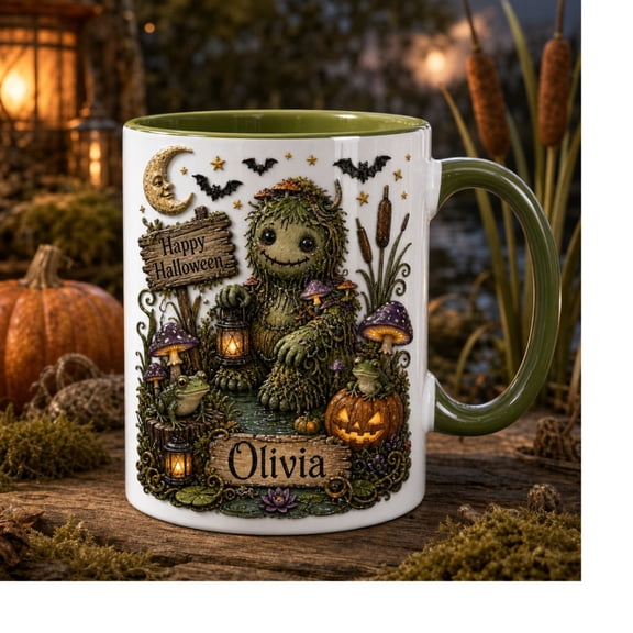 Mug Swamp Creature Halloween Ceramic Coffee Cup Personalized Name Gift for Halloween Lovers
