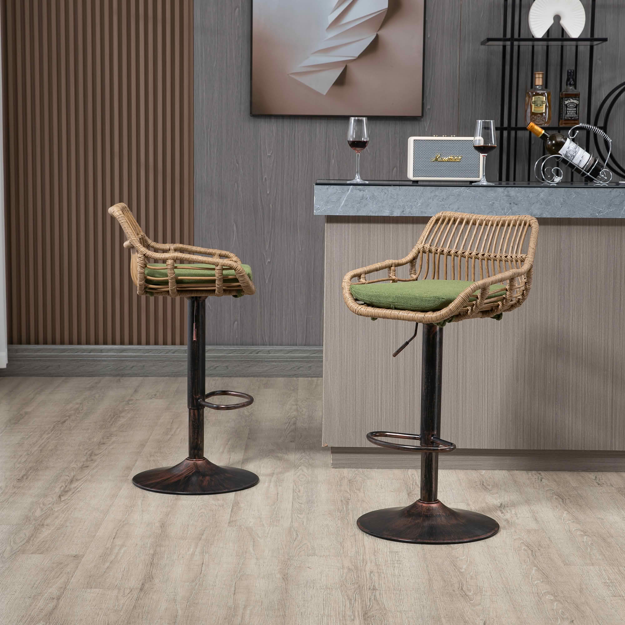 MAYEERTY Swivel Bar Stools Set of 2, Adjustable Height Chairs with Footrest, Linen and PE Rattan Back, Green