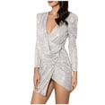 thumbnail image 2 of Zedker Women's 2025 Fashion V Neck Ruched Bodycon Mini Dresses Casual Long Sleeve Cocktail Party Bodycon Mini Dress Plus Size White M, 2 of 7
