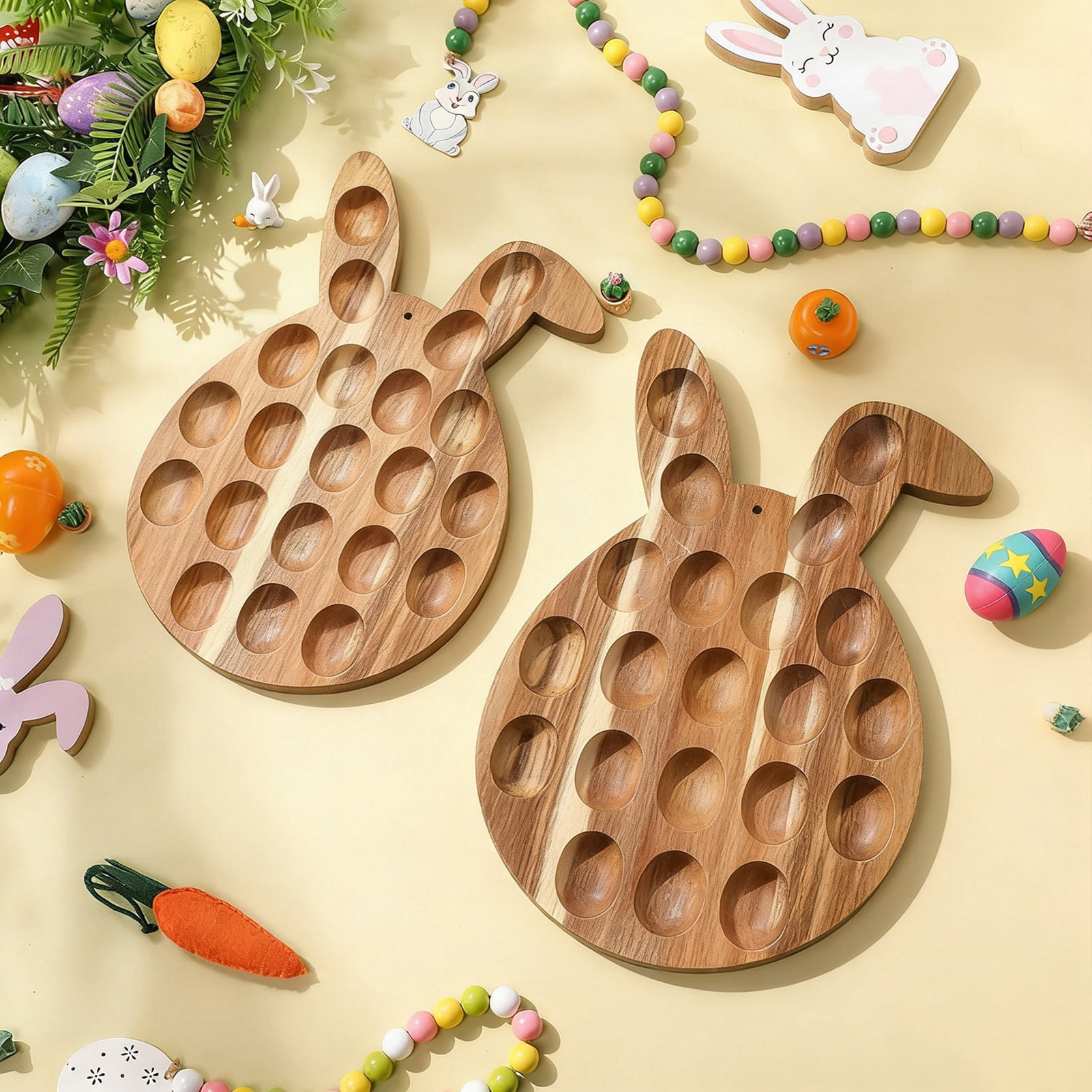 YIFAEUX Easter Deviled Egg Platter Bunny Shape Wooden Serving Tray 21 Holes Deviled Eggs Holder Serving Platter for Easter Party Spring Holiday