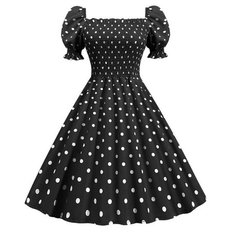 

QIPOPIQ Women Dresses Clearance Fashion Womens A Line Flare Vintage Dress Prom Swing Short Sleeve Polka Dot Printing Party Dress