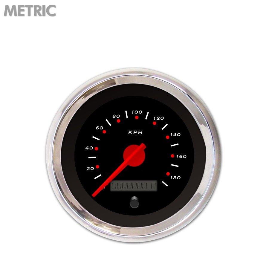 Speedometer Gauge Metric Pegged Black , Red Modern Needles, Chrome