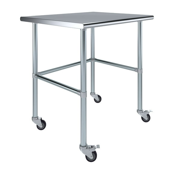 AmGood 36" Long x 30" Deep Stainless-Steel Work Table with Open Base and Wheels, Mobile Metal Table