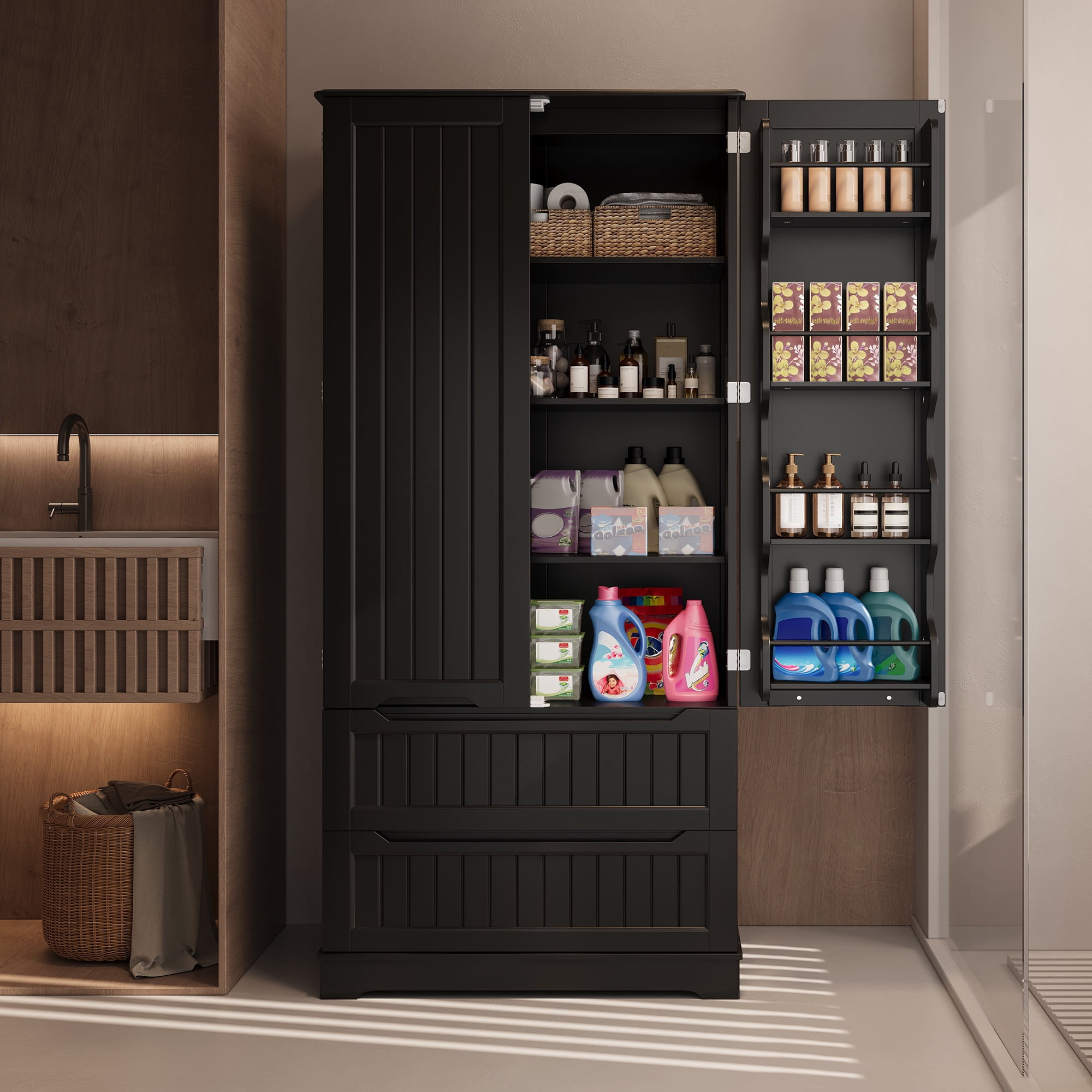 Pantry Cabinet, Asofer 71" Pantry Storage Cabinet with 2 Doors , 11 Shelves & 2 Drawers for Kitchen Dining Room, Black