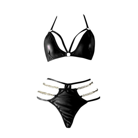 

Cathalem Women Garter Lingerie Set Women Fashion Lingerie 2pack PU Leather Harness Lingerie Set With Chain Push up Bras for Women Underwear Black Medium