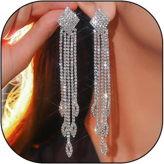 Sparkly Rhinestone Earrings for Women Long Tassel Crystal Chandelier Statement Earrings Bling Wedding Bridal Bridesmaid Costume Jewelry Accessories
