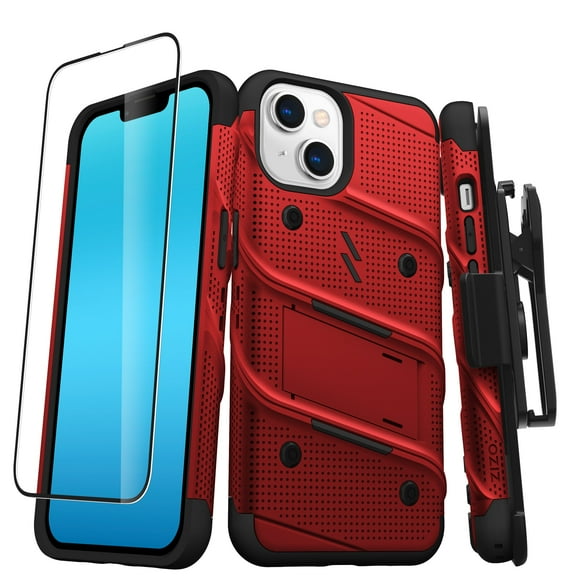 ZIZO BOLT Bundle for iPhone 14 (6.1) Case with Screen Protector Kickstand Holster Lanyard - Red