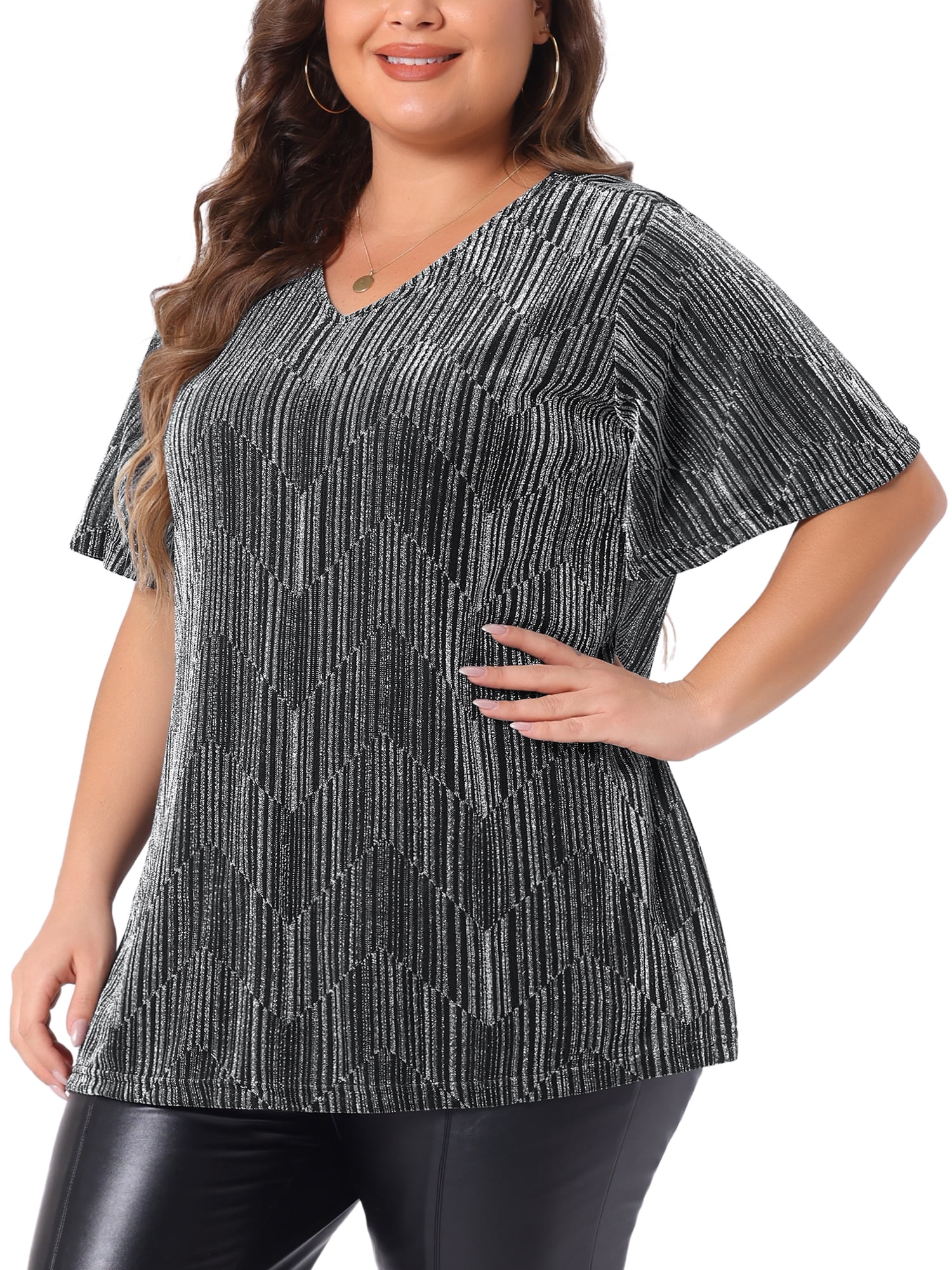 Women's Plus Metallic Tops V Neck Short Sleeve T-Shirt Party Top Glitter Blouses 5X Silver
