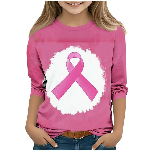 Pisexur T-Shirts à Manches Longues pour Filles, Motif Imprimé Décontracté, Col Rond, Fond de Teint, Rose, 3-4 Ans