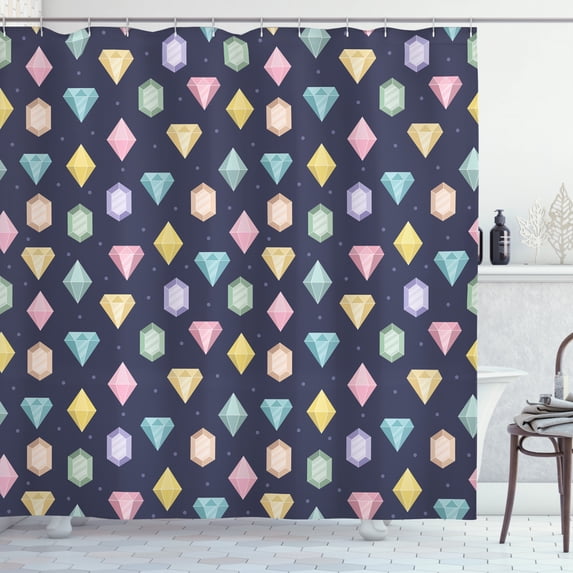Colorful Shower Curtain, Graphic Gemstones with Different Shapes Trillion Drop and Marquise Cut Pattern, Fabric Bathroom Set with Hooks, 69W X 84L Inches Extra Long, Multicolor, by Ambesonne