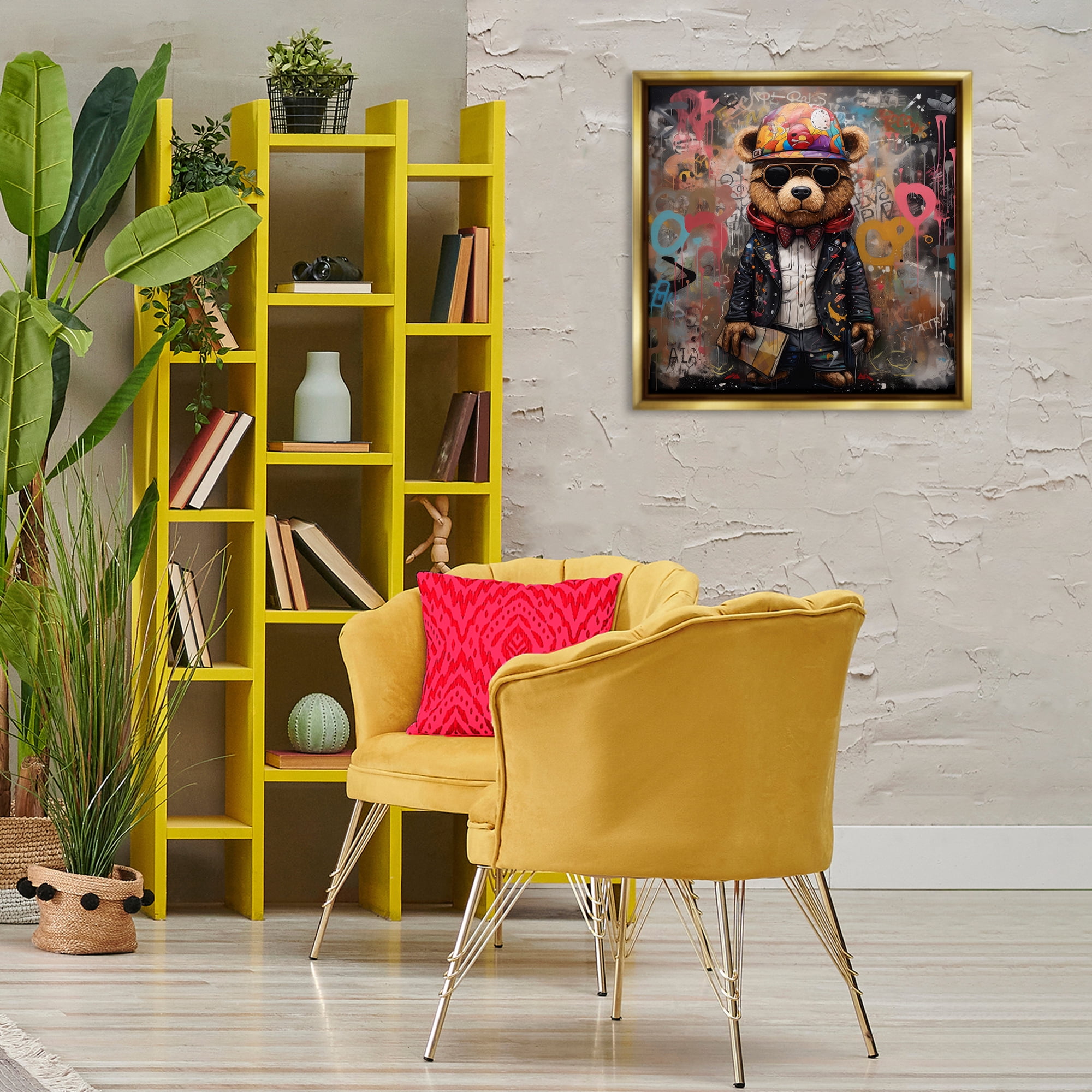 Stupell Industries Urban Graffiti Bear Animals & Insects Painting Gold Floater Framed Canvas Art Print Wall Art, 25 x 25
