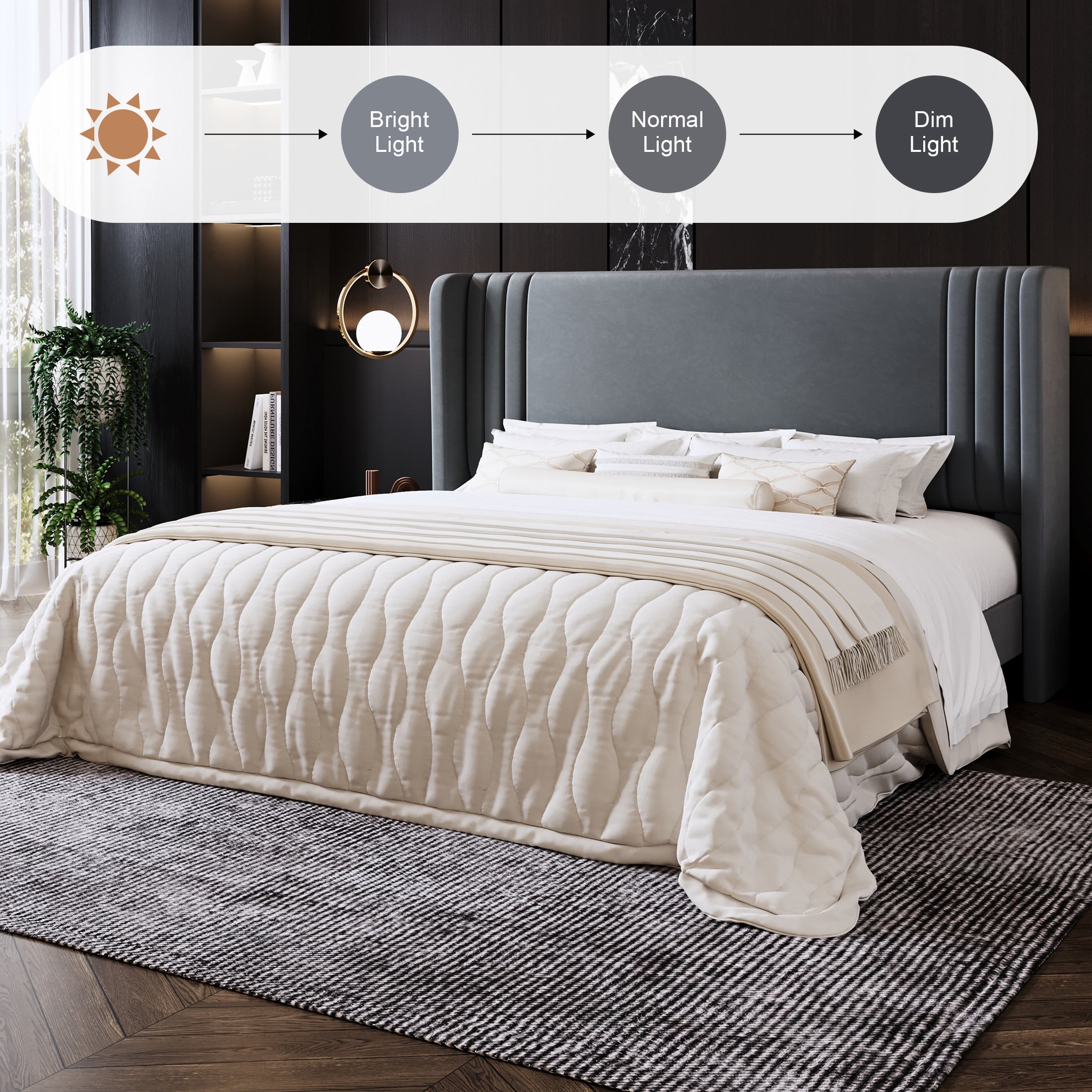 Amolife King Size Bed Frame, Velvet Platform Bed with Upholstered Wingback Headboard, No Box Spring Needed, Gray