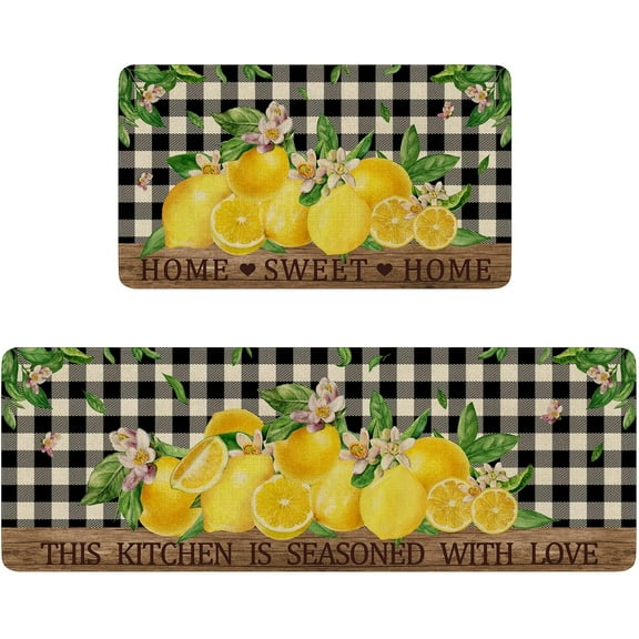 Lemon Kitchen Rugs Set of 2,Home Sweet Home Buffalo Plaid Holiday Kitchen Mats for Floor,Spring Summer Seasonal Non-Slip Washable Sink Mats Home Decor Doormat Runner Rug