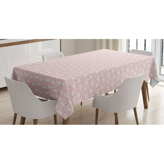 Swans Tablecloth, Repetitive Aquatic Royalty Bird with a Crown, Rectangle Satin Table Cover Accent for Dining Room and Kitchen, 52" X 70", Pale Pink Cream, by Ambesonne