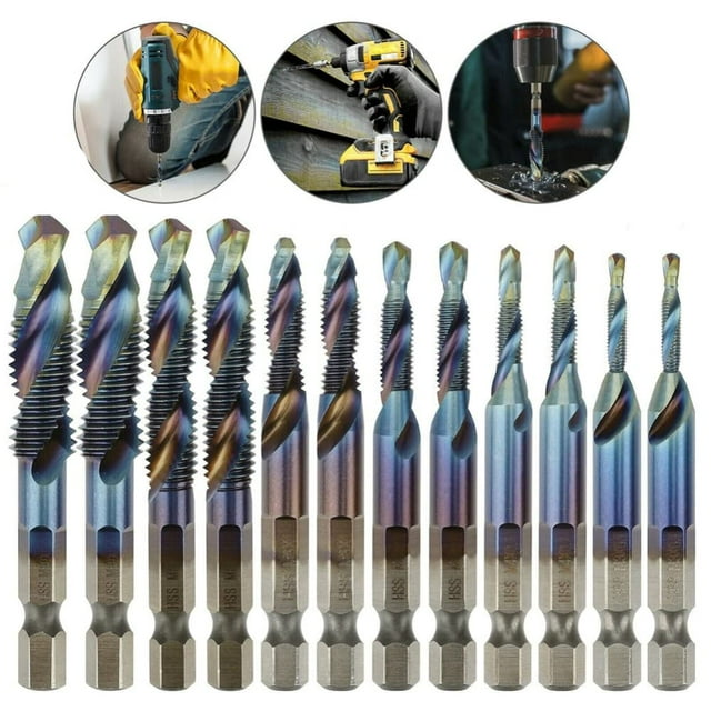 12 Pack Titanium Combination Drill Tap Bit Set , M3M10 Screw Tapping