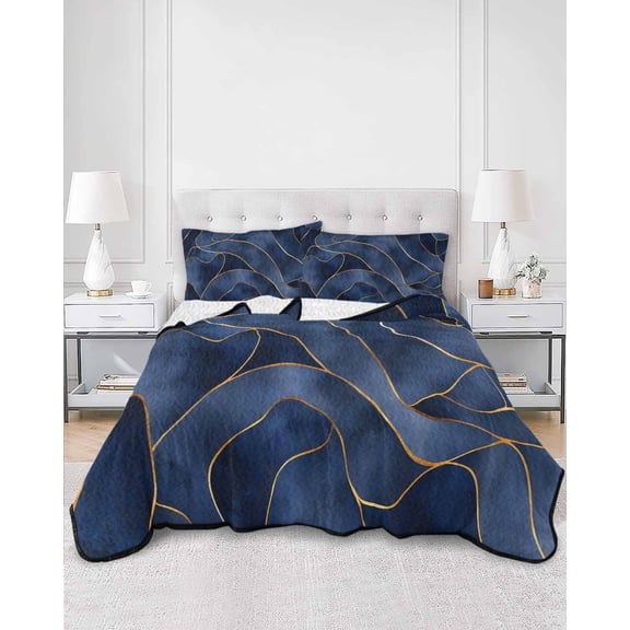 Quilts King Size, Navy Blue Marble Soft Comforter Bedding Set for Bed, Modern Golden Geometric Abstract Lightweight Quilted Bedspread with Pillow Cover(2 Pieces) for All Season, 96x106 Inch