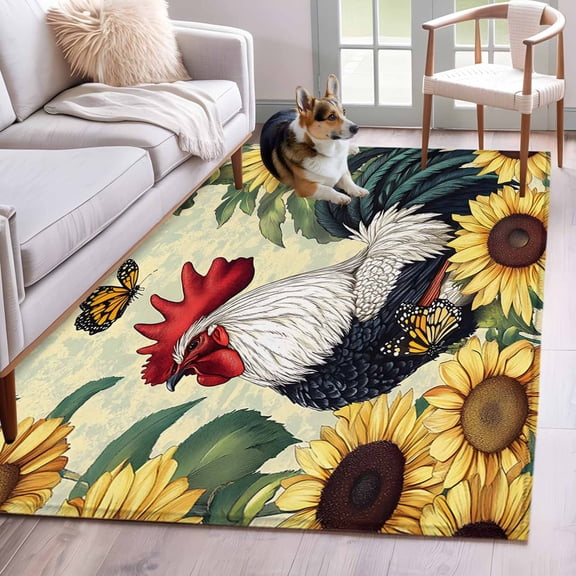 Sunflower Rooster Area Rug 3x5 Washable Rug Non Slip Vintage Watercolor Summer Floral Large Area Rug Indoor Floor Carpet for Entryway Bedroom Kitchen Living Room Home Office Dining Room Nursery