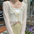 thumbnail image 6 of Women Summer Long Sleeve Lace Shrug Tie Knot Front Striped Mesh Cropped Cardigan Beachwear Ruffle Trim Solid Color Sheer Cover Up for Jacket, 6 of 19