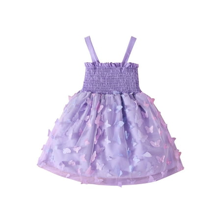 

Gwiyeopda Toddler Girls Sleeveless Ruched Princess Dress Butterfly A-Line Smoked Party Dress Sundress