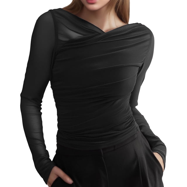 Blusa de manga larga plisada de malla para mujer - Camiseta sexy con cuello en V - Top informal de color liso - S-L