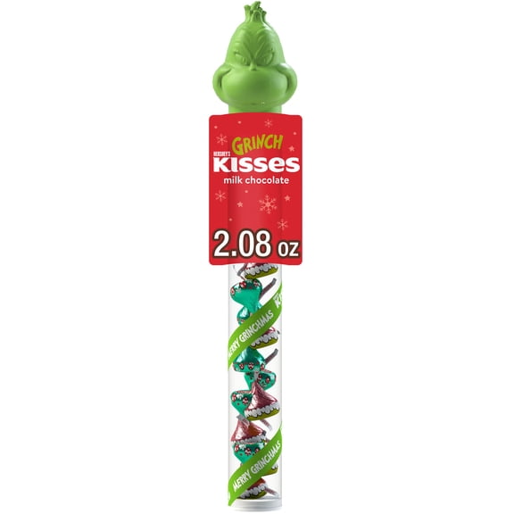 HERSHEY'S KISSES Grinch Milk Chocolate, Christmas Candy Plastic Cane, 2.08 oz