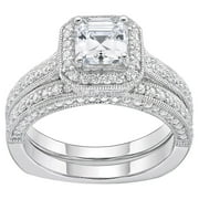 Jay Heart Designs 925 Sterling Silver Simulated White Diamond Squared Bridal Engagement Ring Set